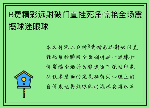 B费精彩远射破门直挂死角惊艳全场震撼球迷眼球